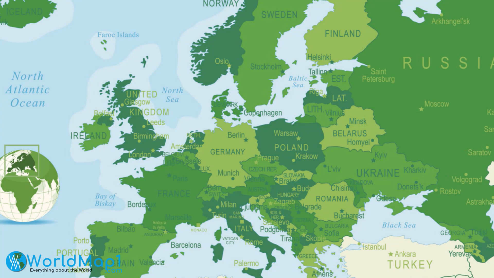 Carte des pays europeens avec la Russie